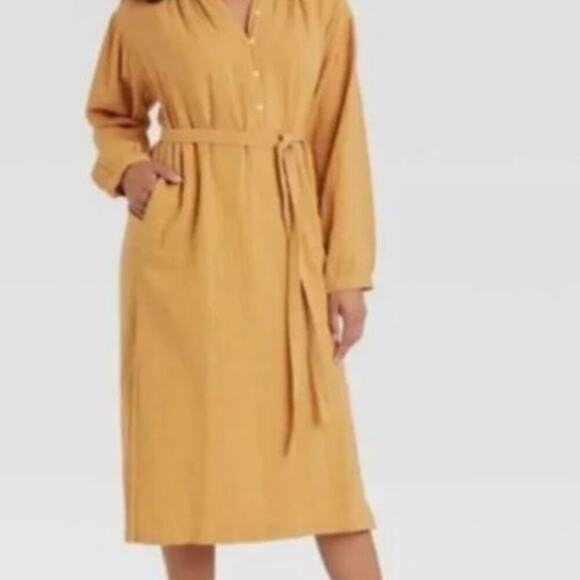Universal Thread Mustard Gold Balloon Sleeve Gauze Dress Midi Tie Waist Henley - Picture 2 of 5